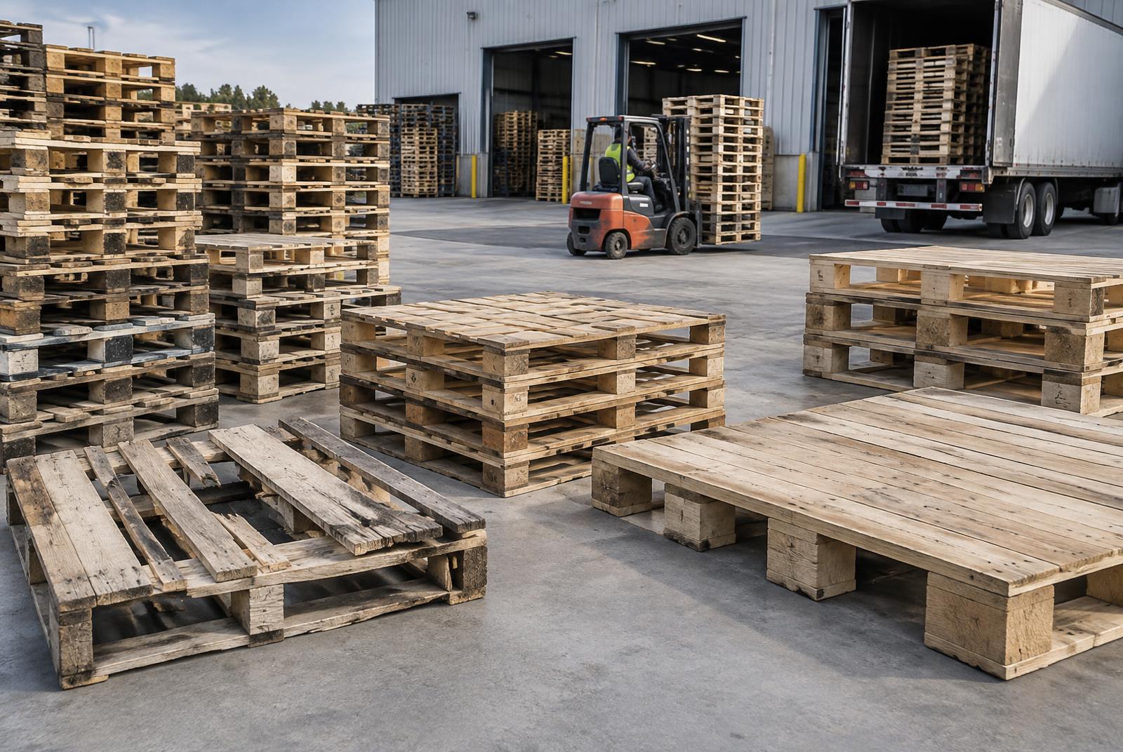 Standard, broken, and odd-size pallets at a commercial facility