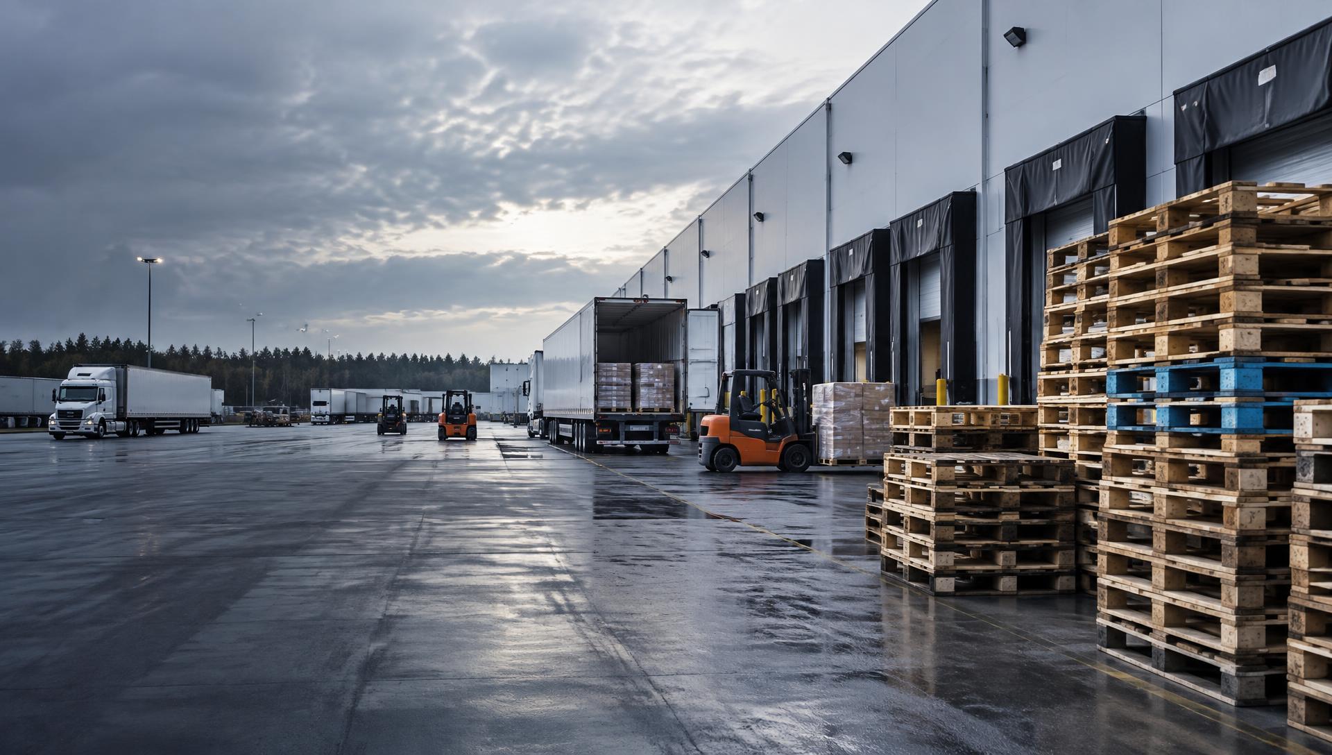Commercial warehouse loading area with pallet stacks ready for removal